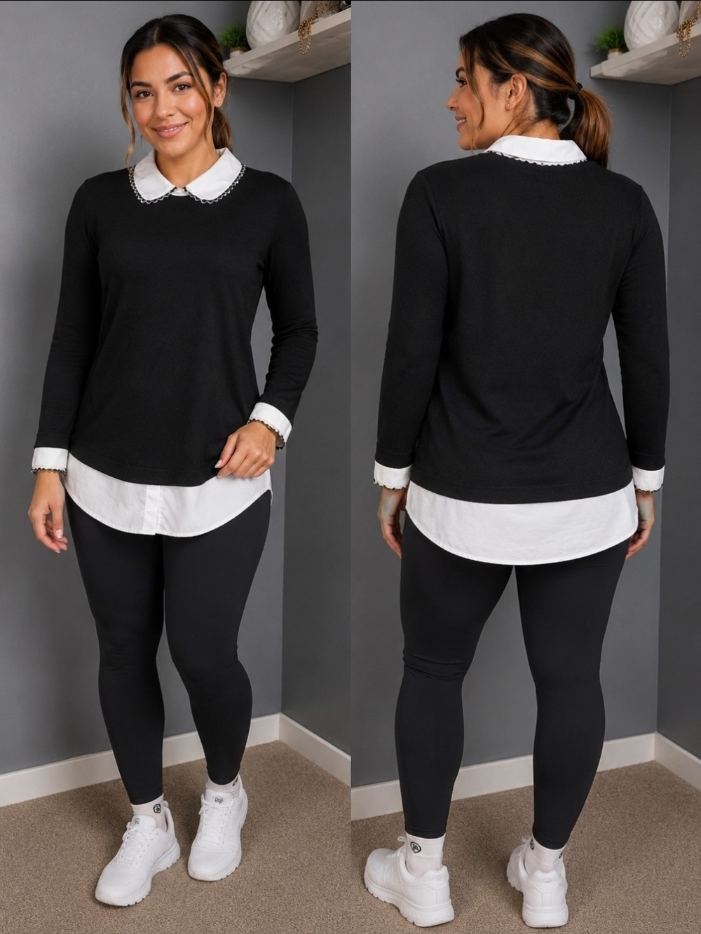 Karl Lagerfeld Black Top with White Collar and Hem Detail